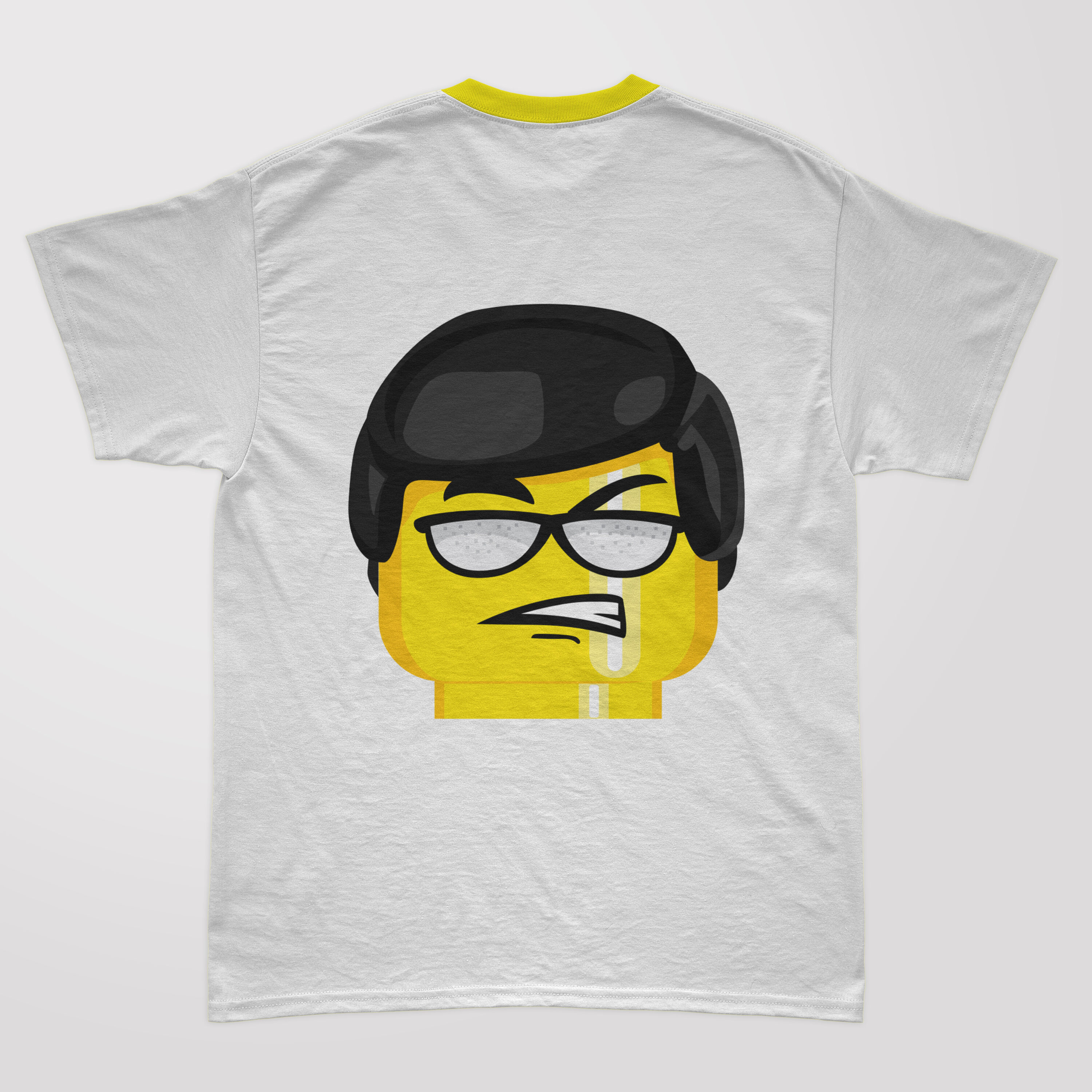 Awesome lego character wearing glasses on a t-shirt.