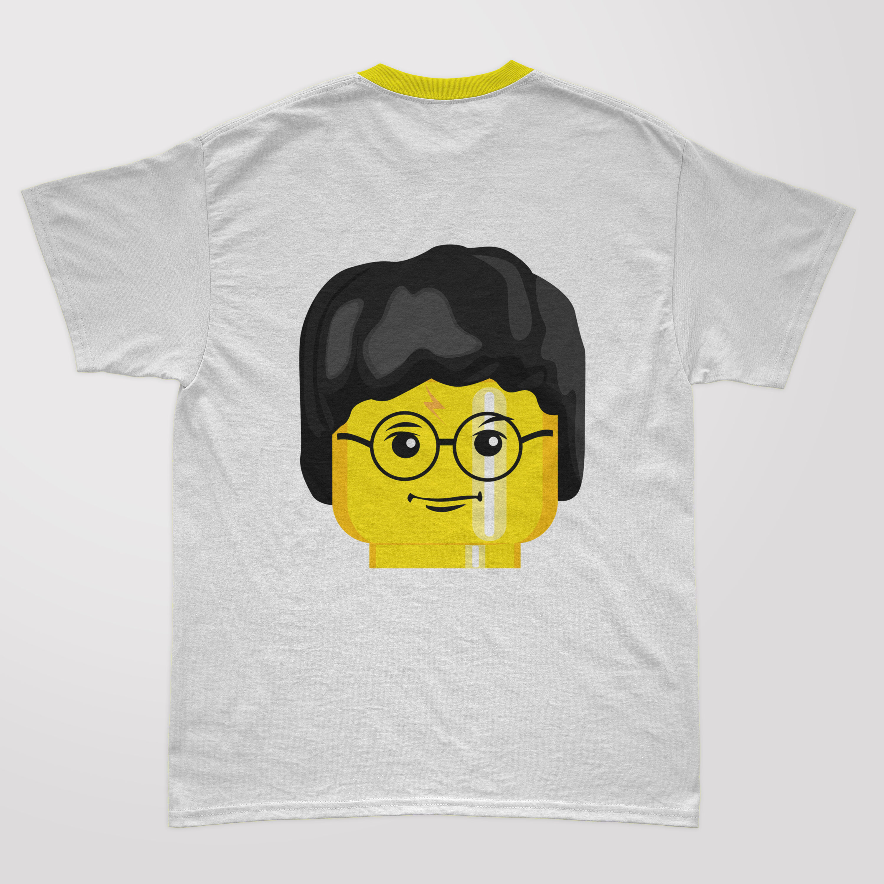 Lego character in white t-shirt and yellow collar.