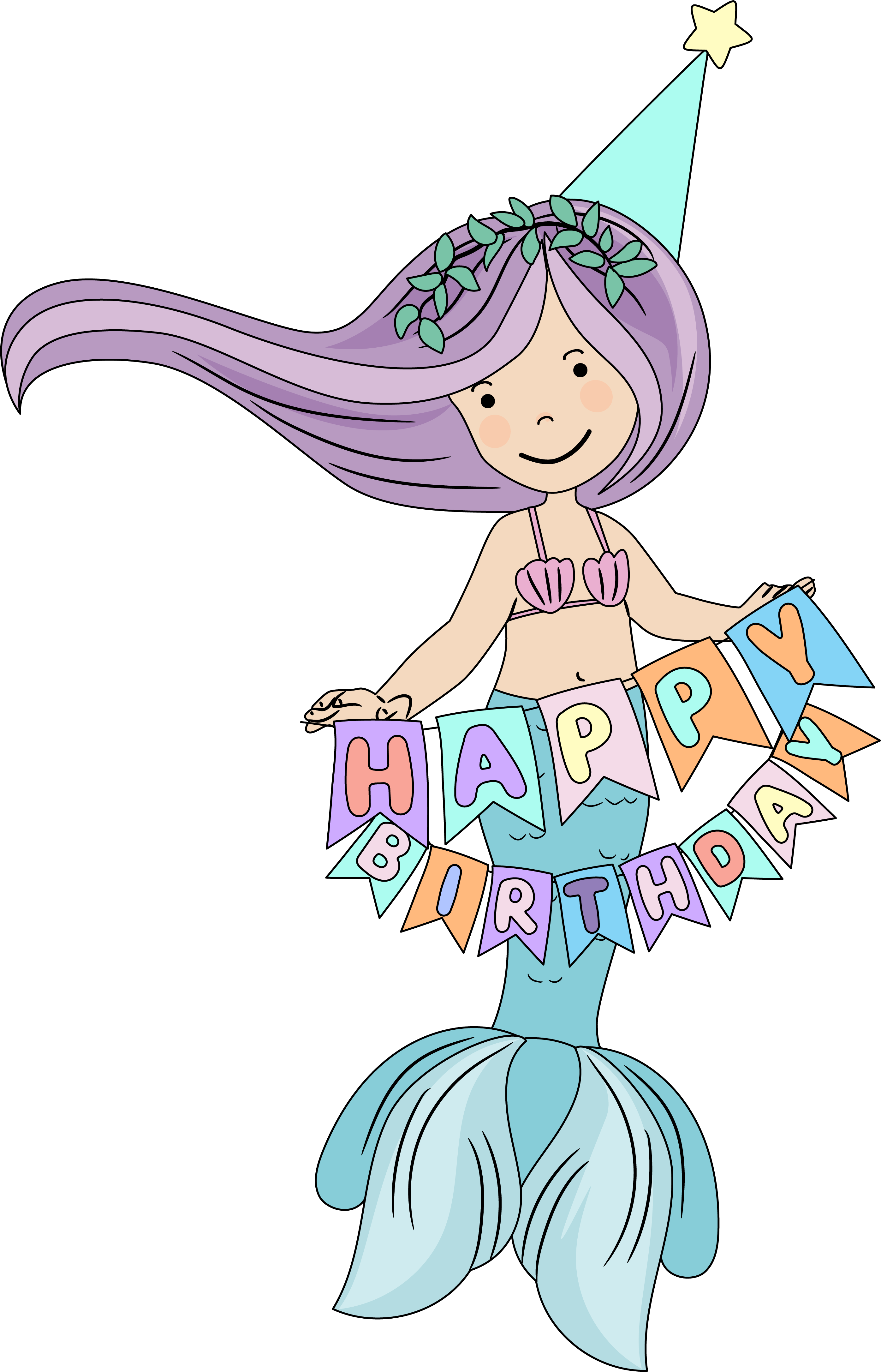 Mermaid with a happy birthday flyer.