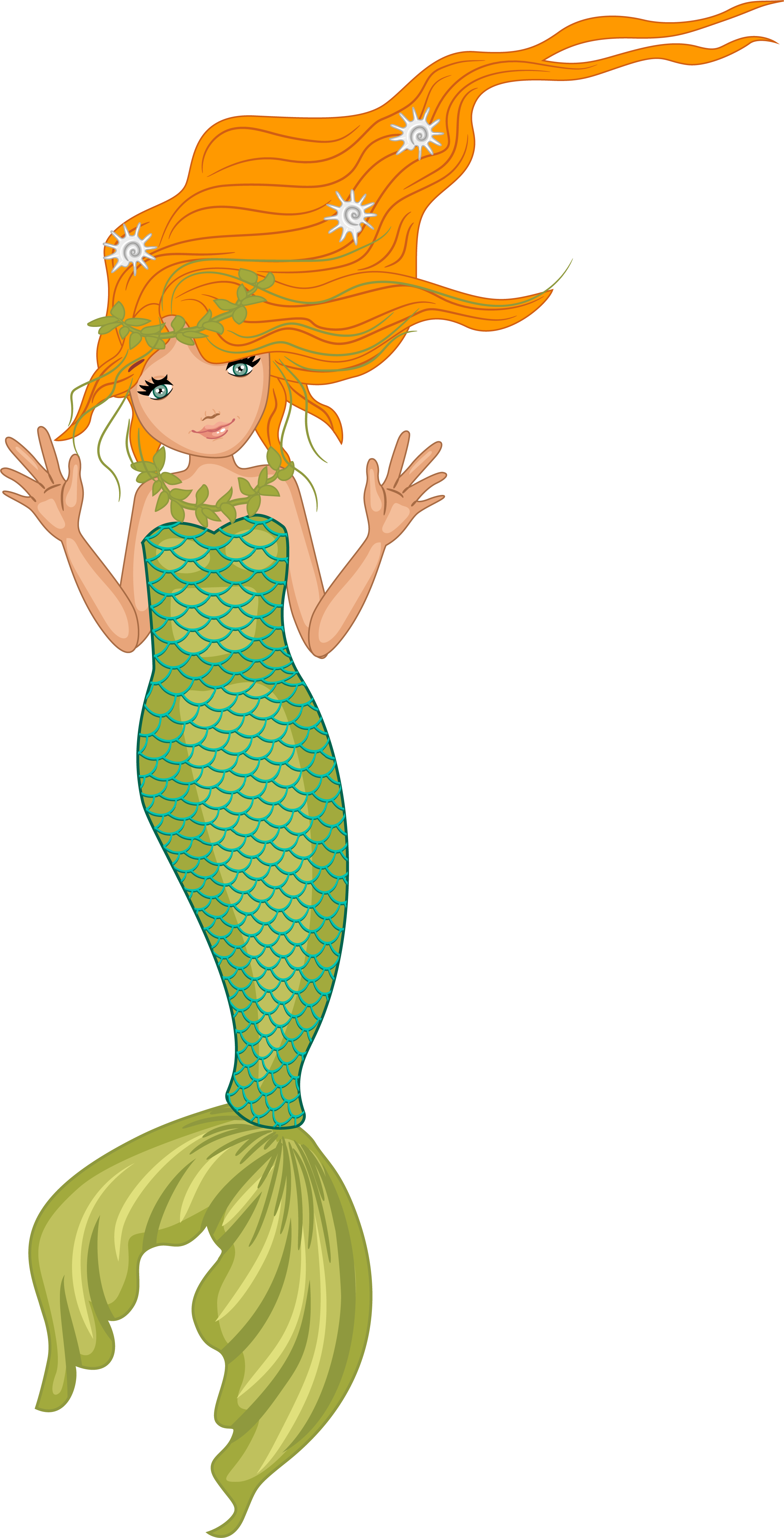 A standing mermaid with a green tail.