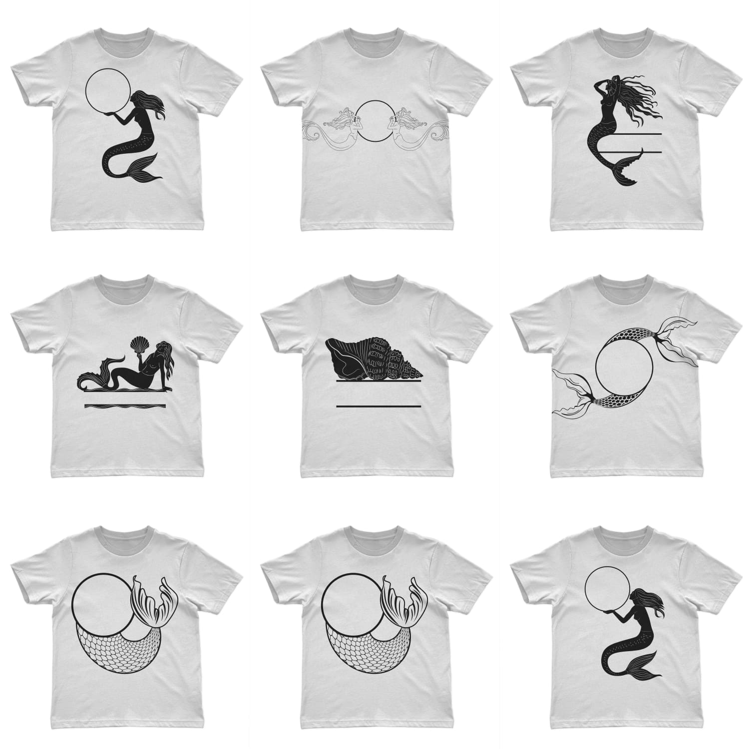 Beautiful images on various t-shirts with mermaids.