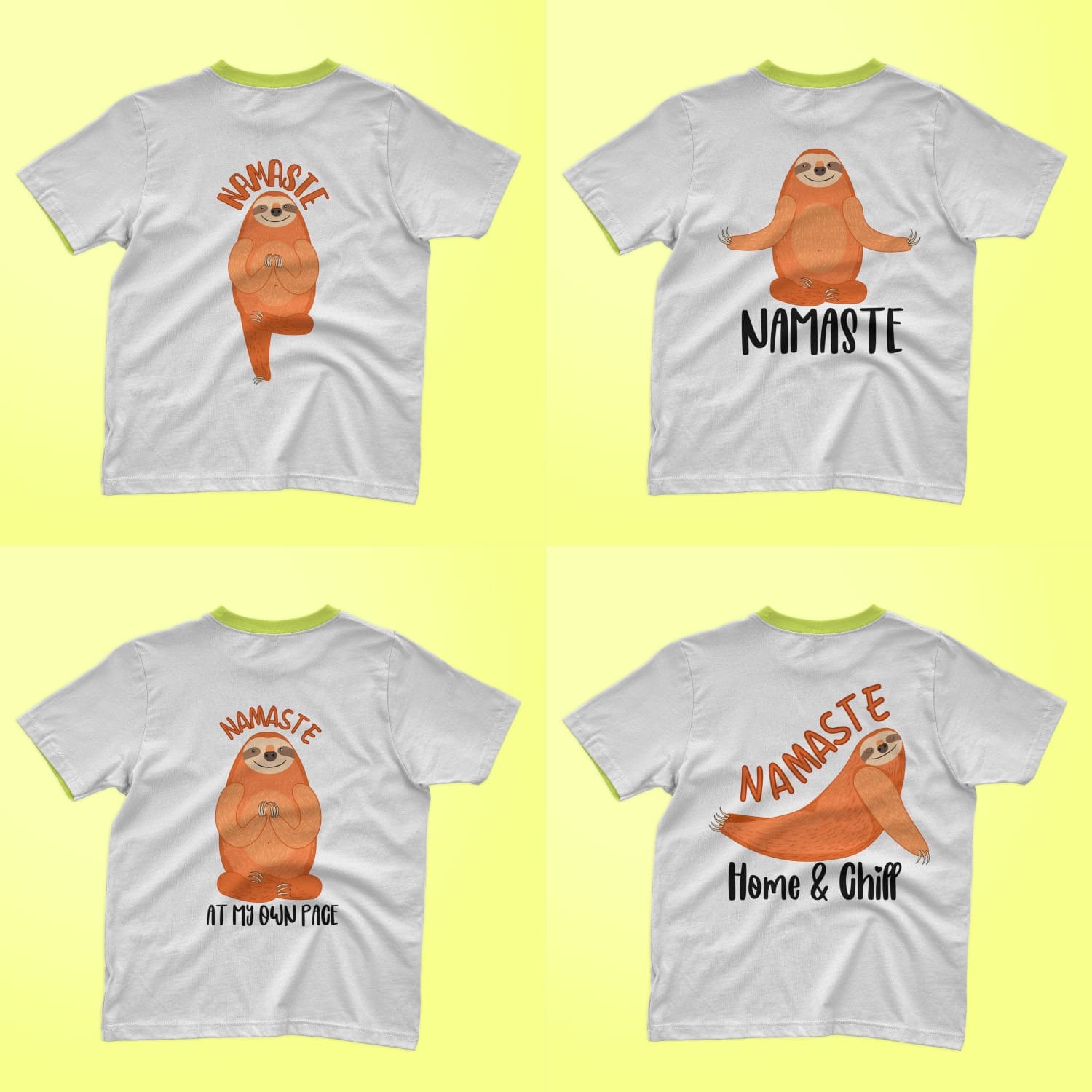 Four t-shirts with images of sloths performing various yoga exercises.