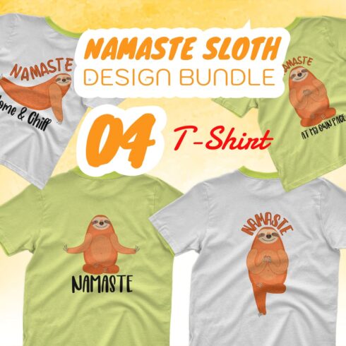 Two gray t-shirts, two green t-shirts with namaste sloths.