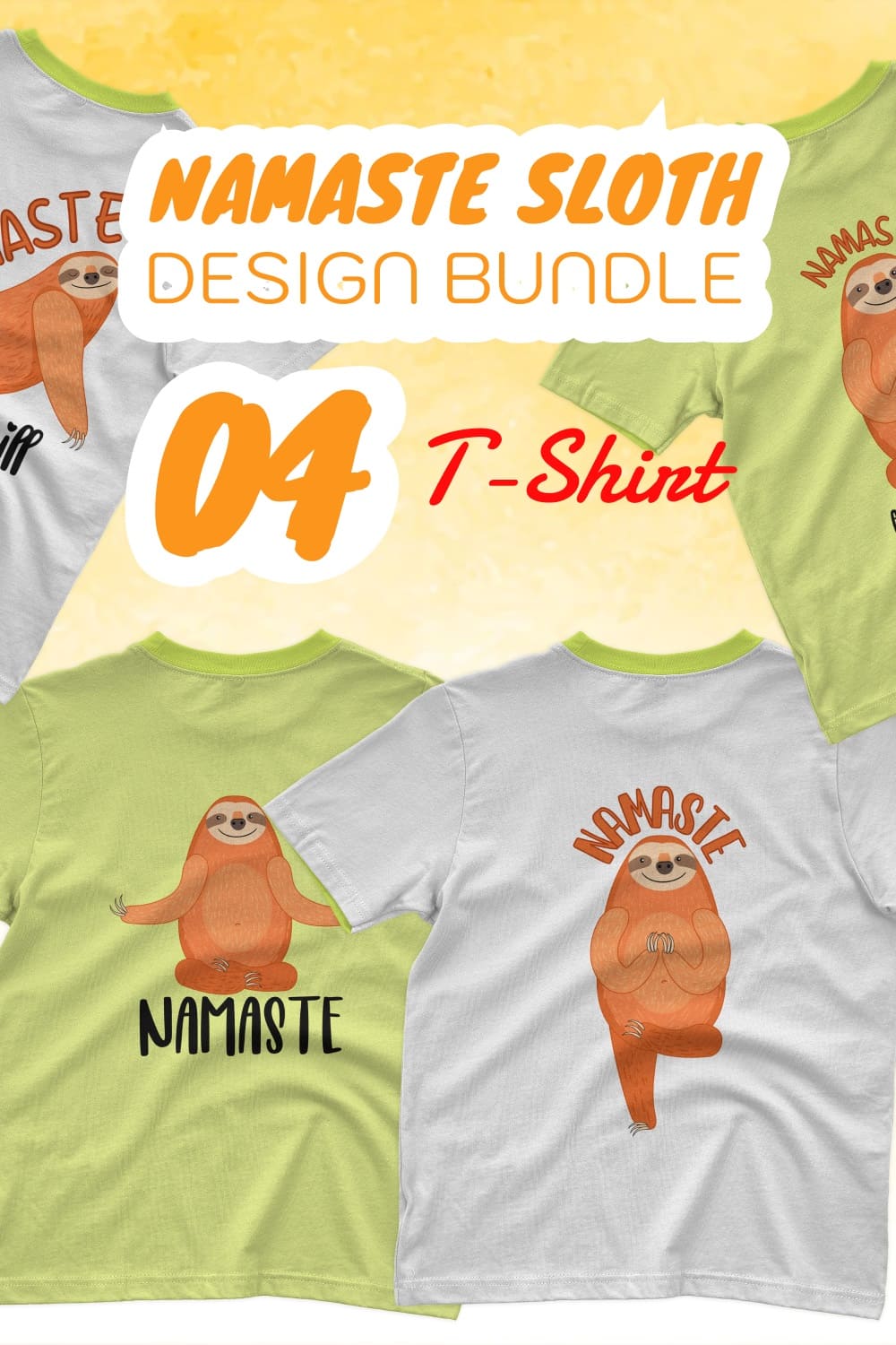A bright image of sloths performing yoga exercises is depicted on colorful t-shirts.