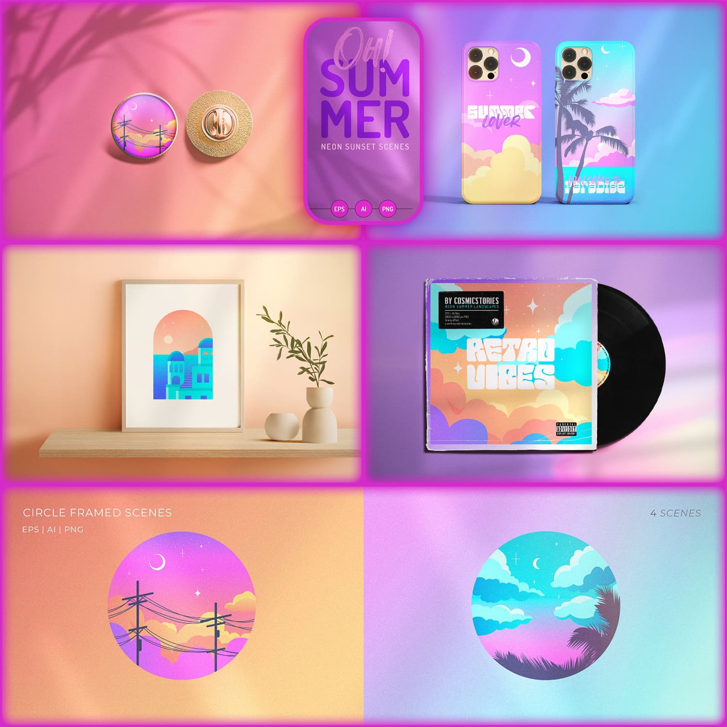 Prints of oh summer neon sunset scene set.