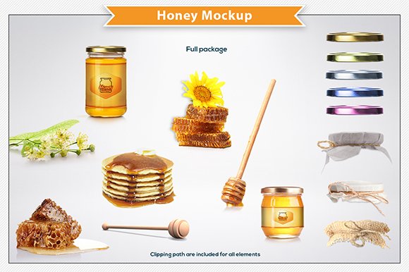 Pancakes, jars of honey.