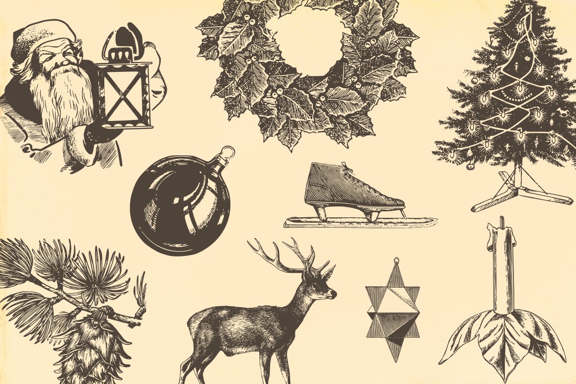 A deer, a Christmas tree frame, a flask and other unique attributes.