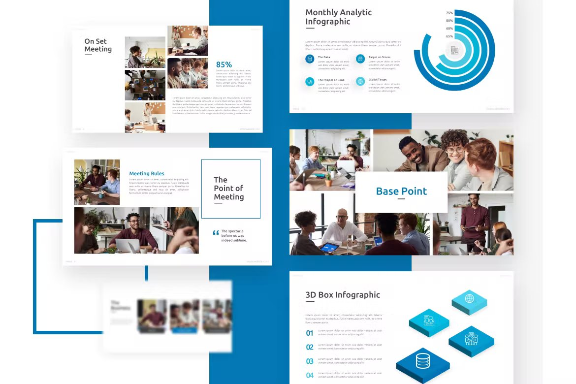 Various presentation of blue images and others.