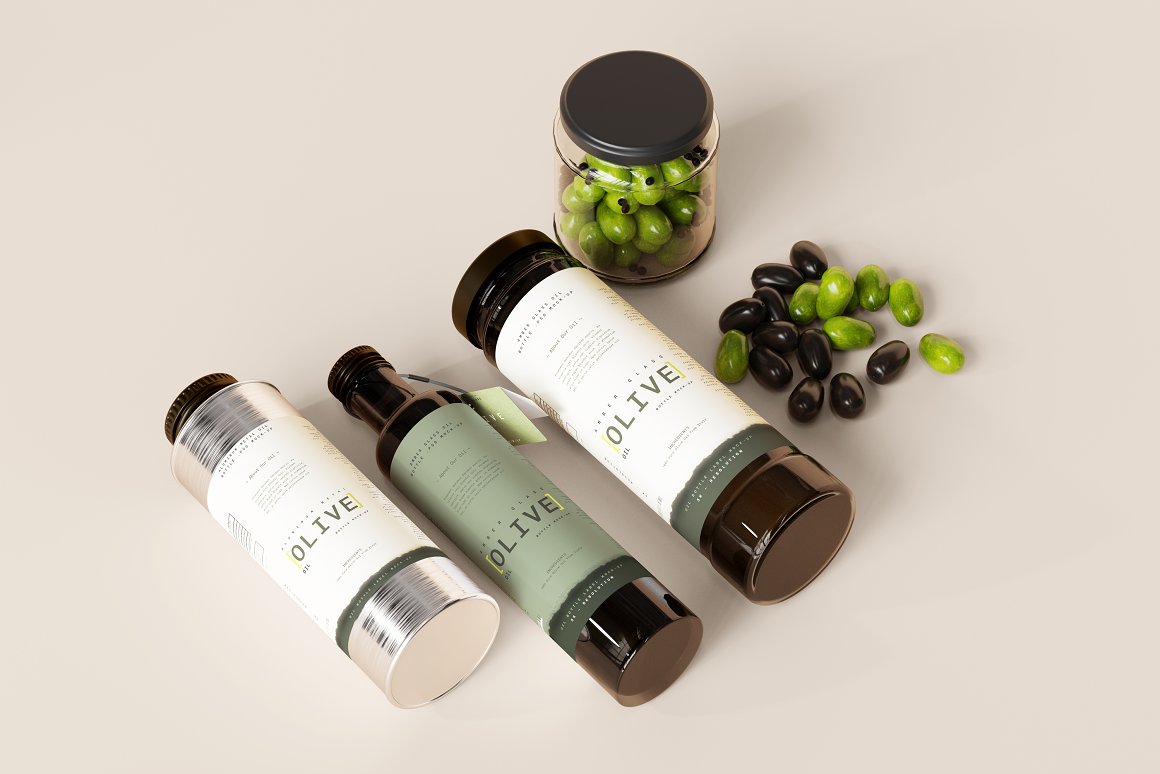 Beautiful bottles of different shapes with olive oil labels.