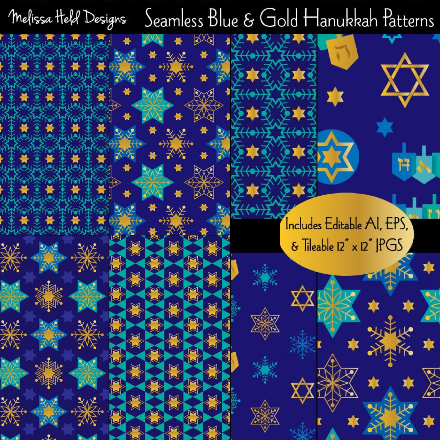 Prints of seamless blue gold hanukkah patterns.