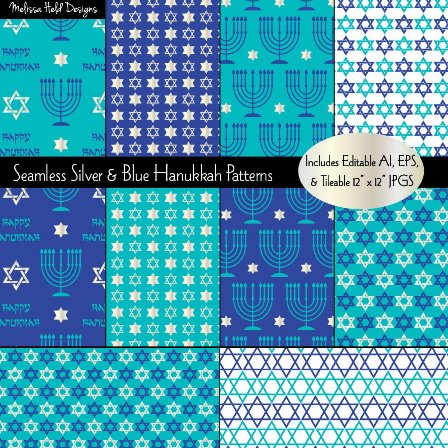 Prints of seamless silver blue hanukkah patterns.