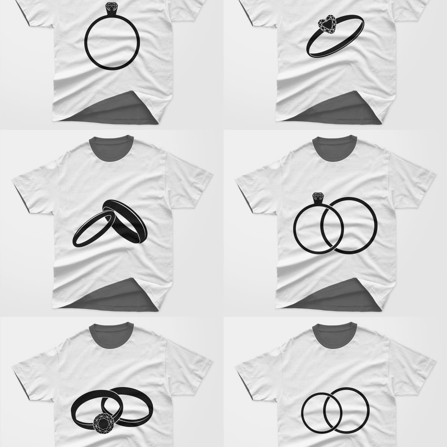 Six variants of t-shirts with a wedding design.