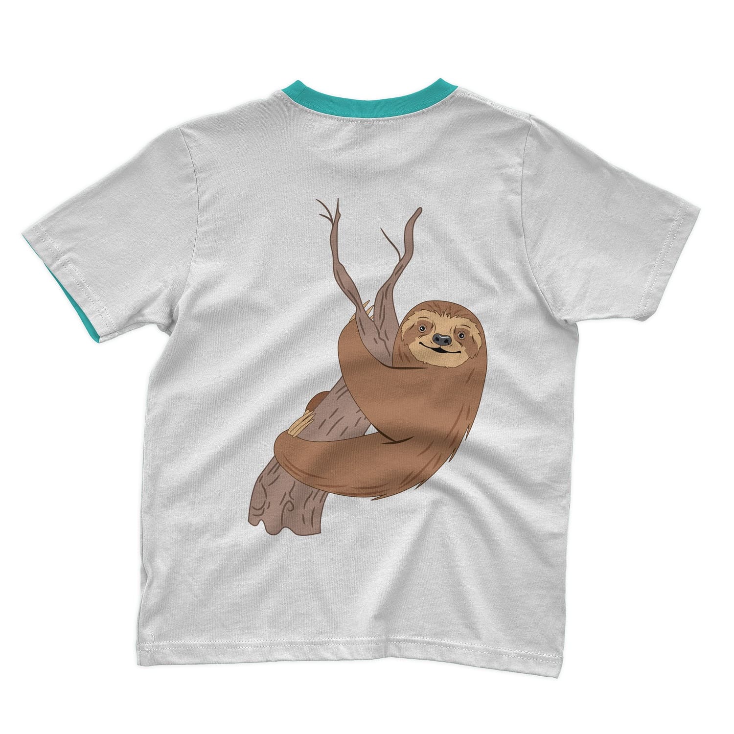 The gray T-shirt depicts a sloth hanging on a wooden branch.