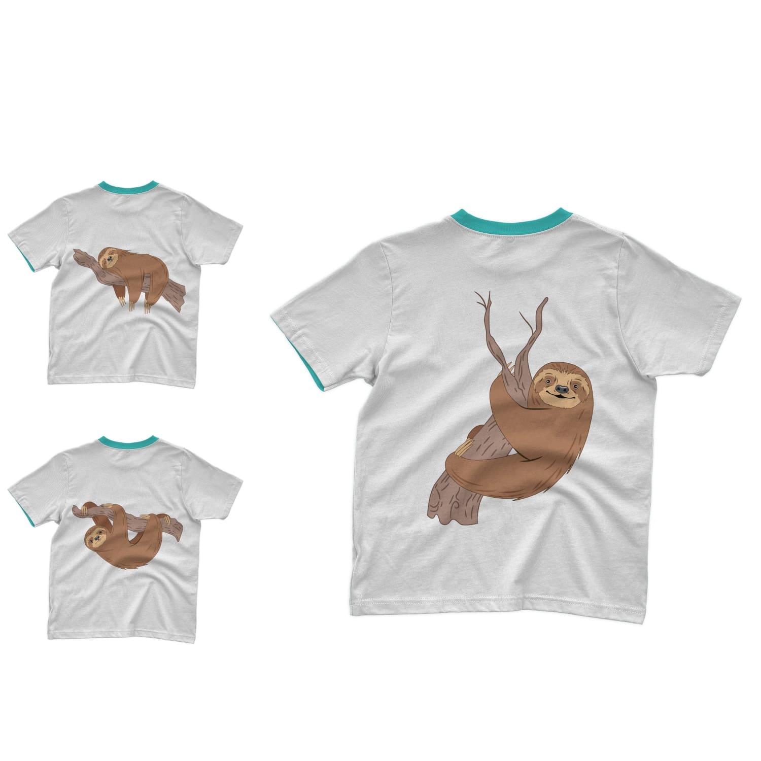 Three t-shirts with images of sloths and their everyday life.