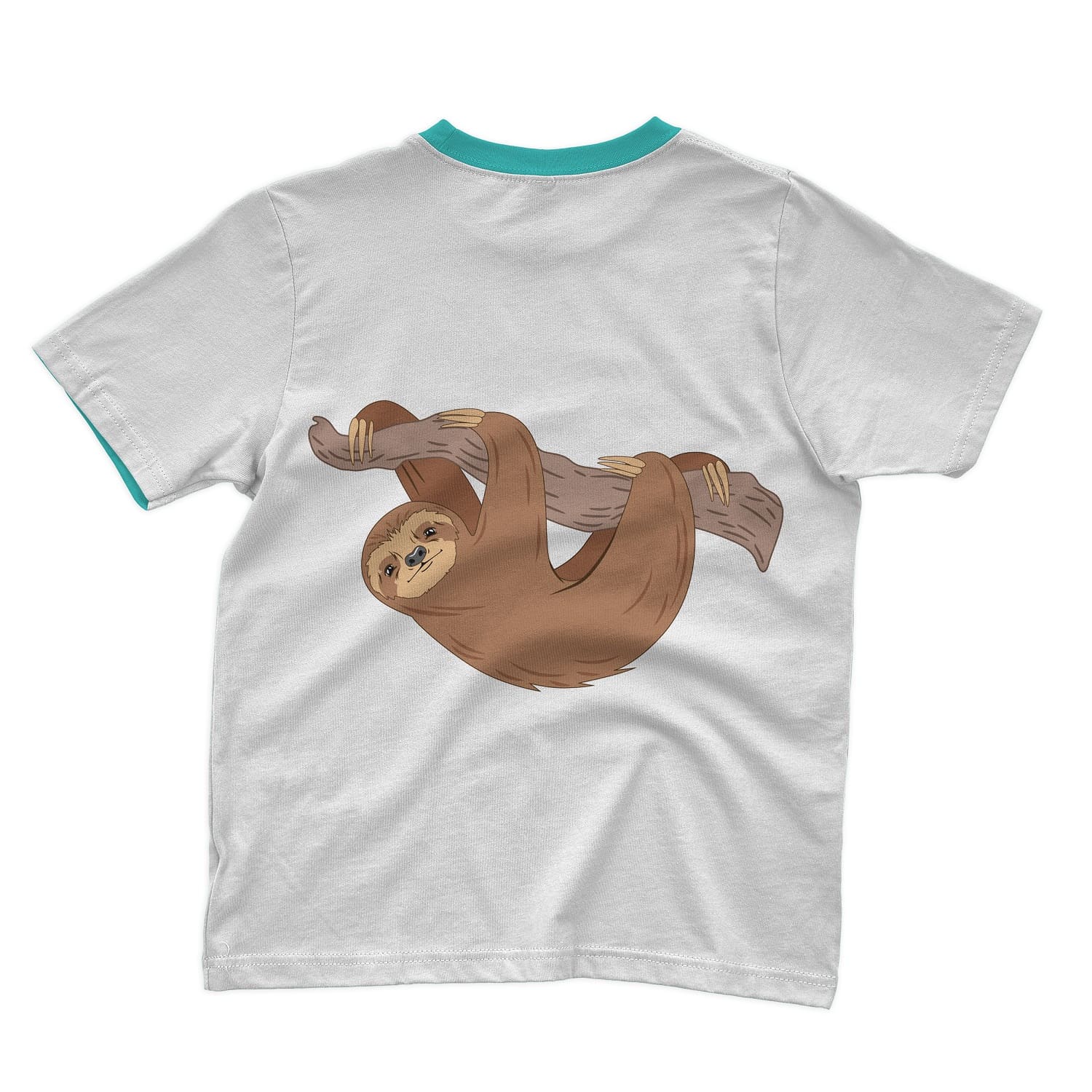 The gray T-shirt depicts a sloth hugging a wooden branch.