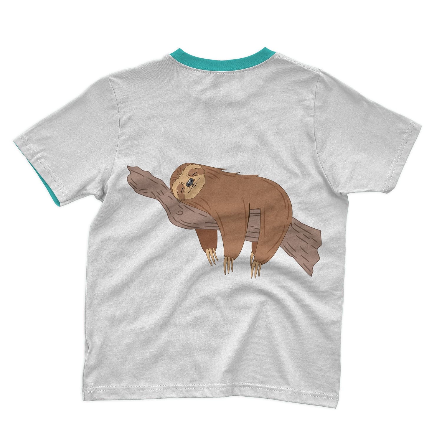 The gray T-shirt depicts a sloth sleeping on a wooden branch.