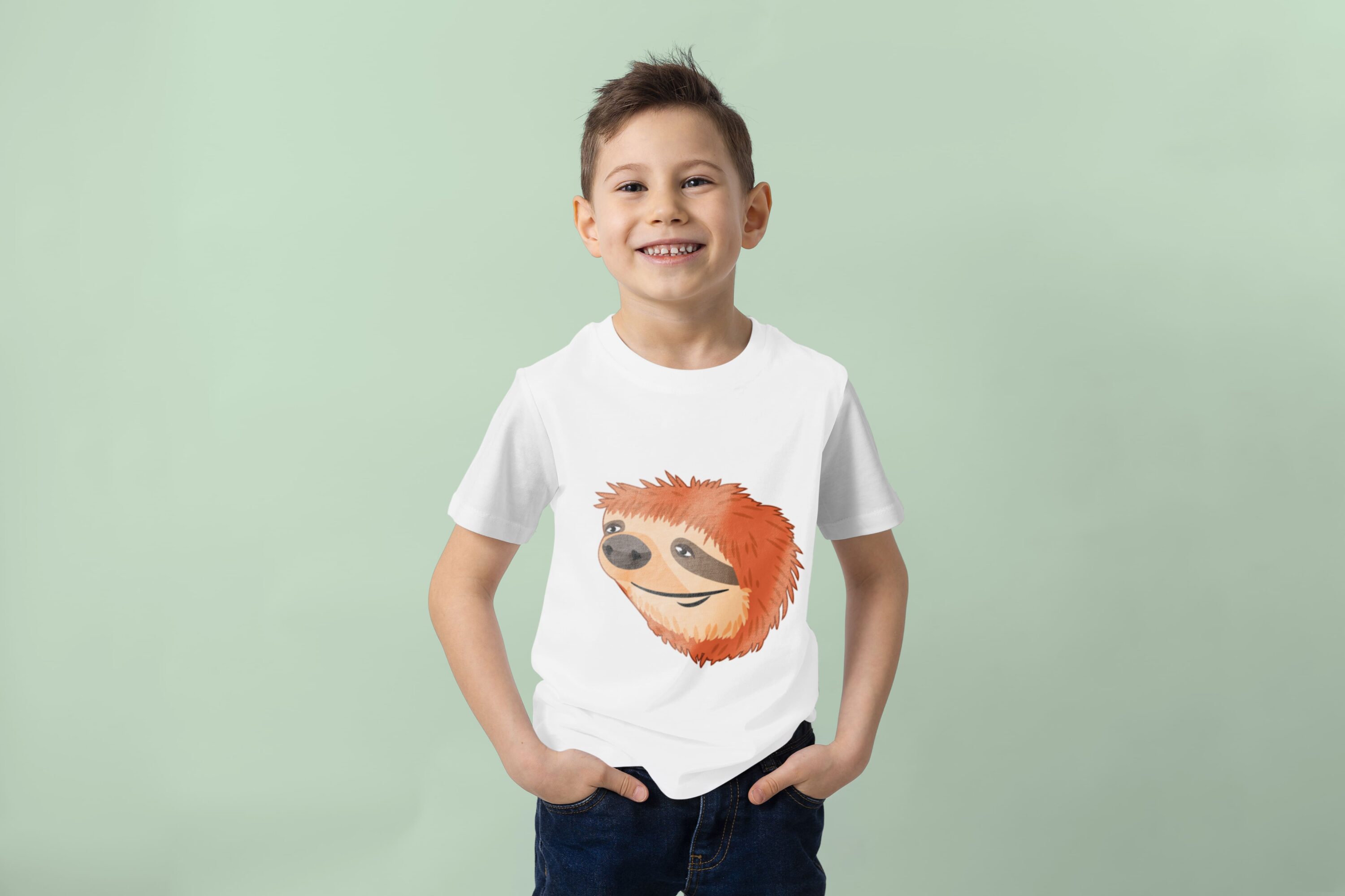 A little boy in a white t-shirt with the image of a sloth.