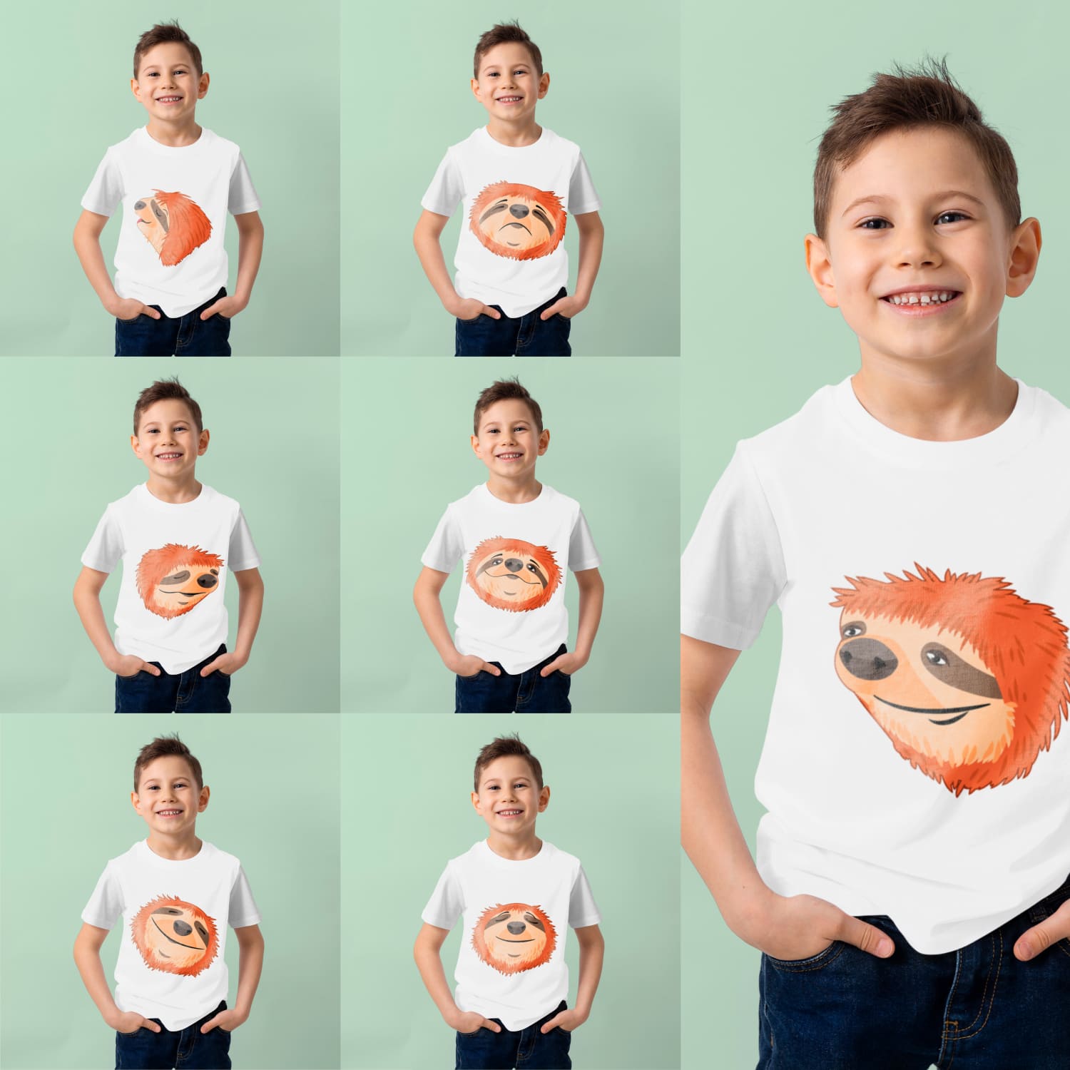 Several images of a white t-shirt with different images of a sloth's head.