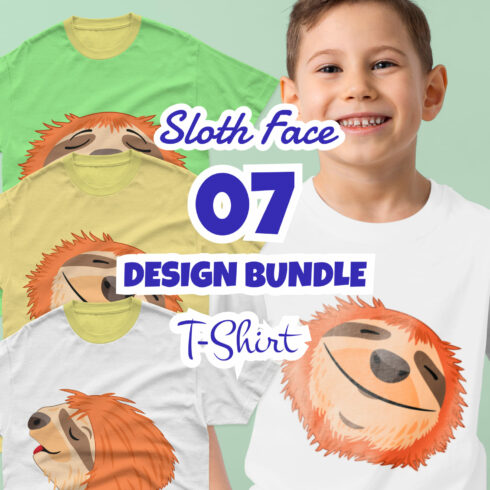 Colored t-shirts with the image of a large sloth head.