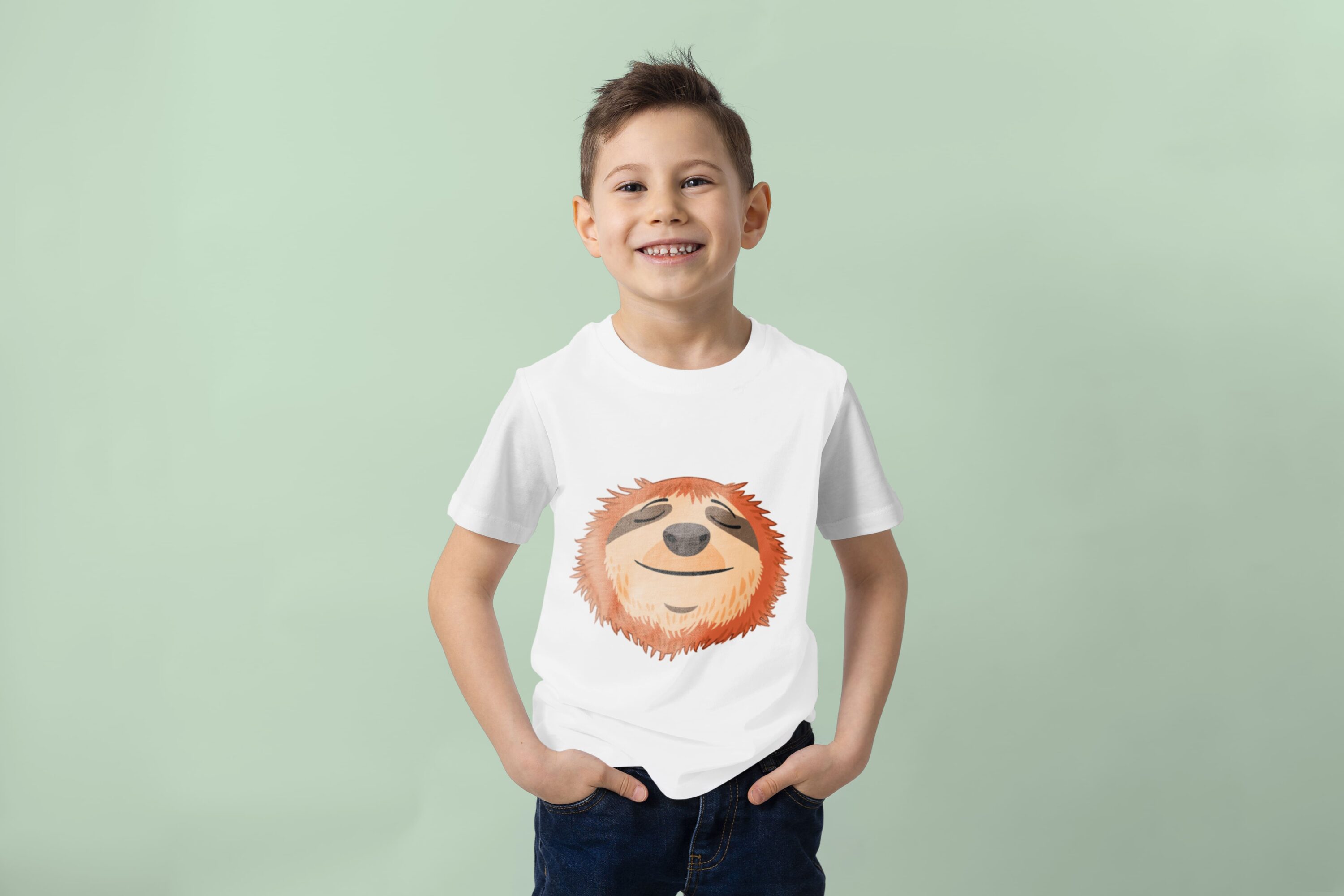 White boy's t-shirt with the image of a relaxing sloth.