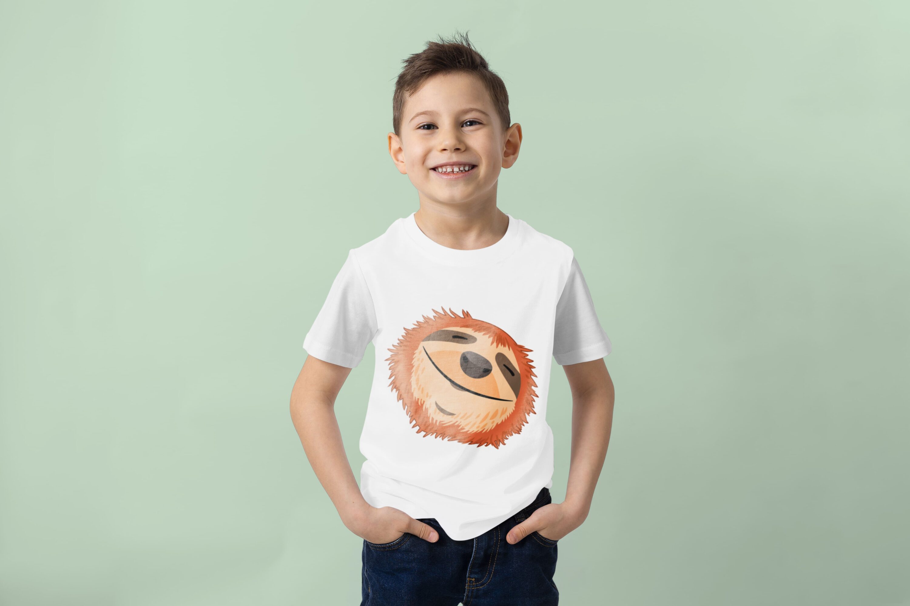 T-shirt with the image of a huge sloth's head smiling widely.