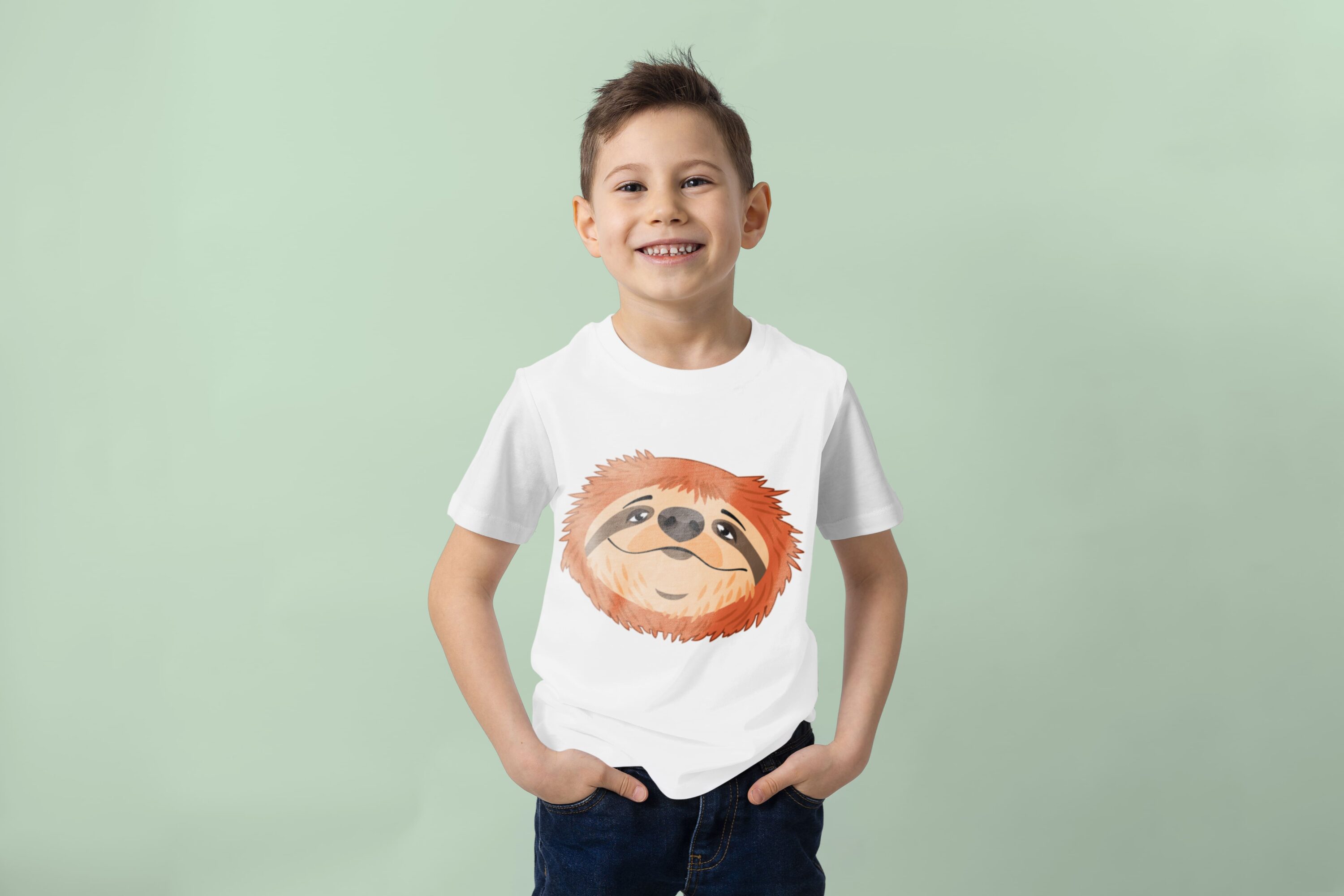 T-shirt with the image of the head of a sloth with wide-open eyes.