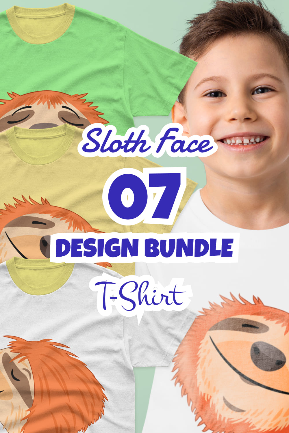 Green, yellow and white t-shirt with the image of a sloth's head with closed eyes.