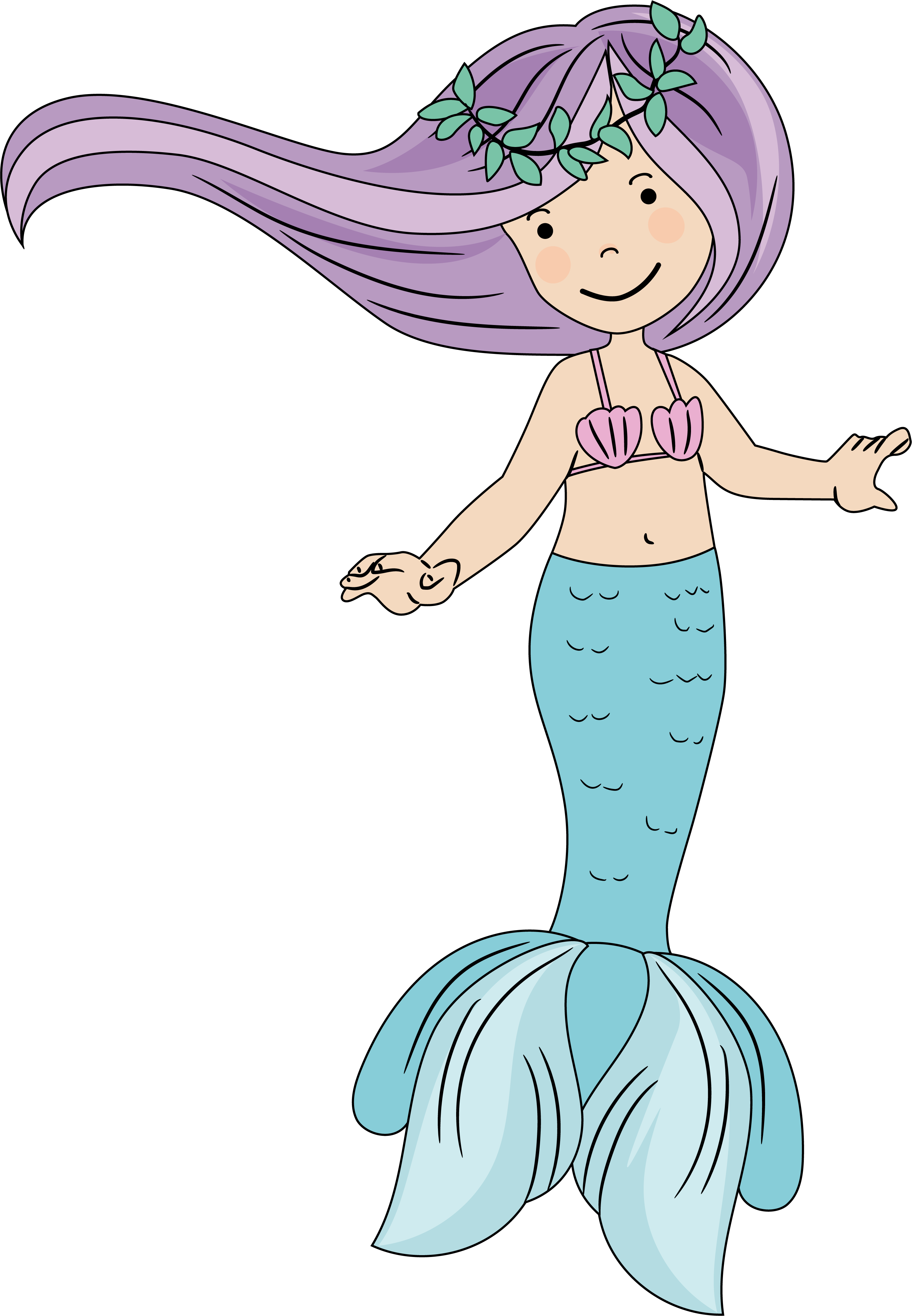 Standing mermaid with purple hair.