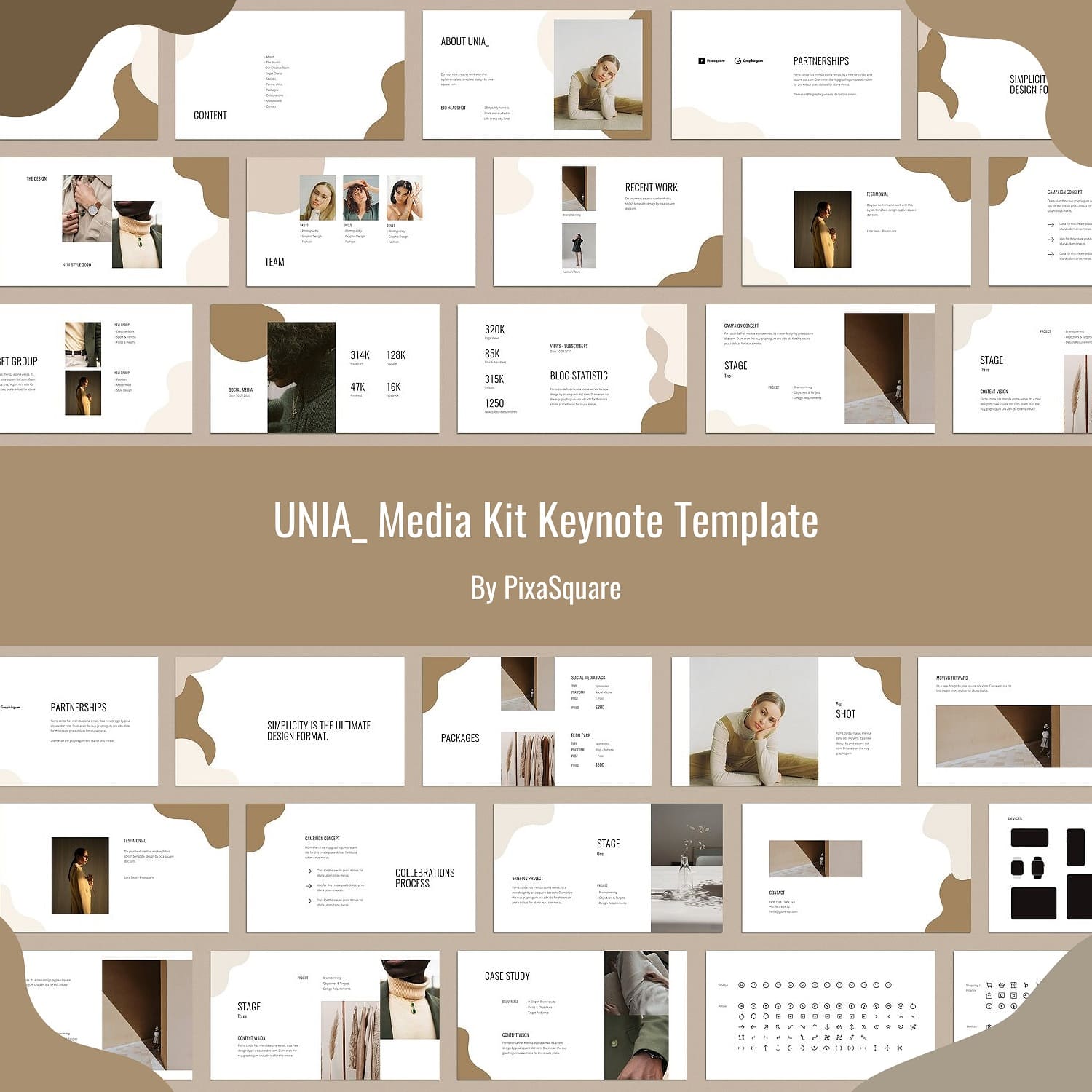 UNIA Media kit keynote template on the beige background.