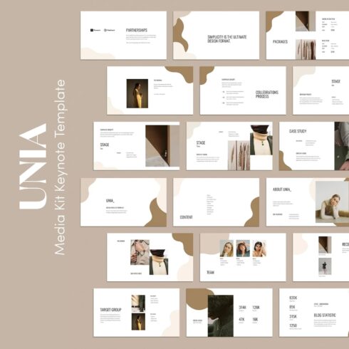 Vertical lettering "UNIA media kit keynote template" on a beige background.