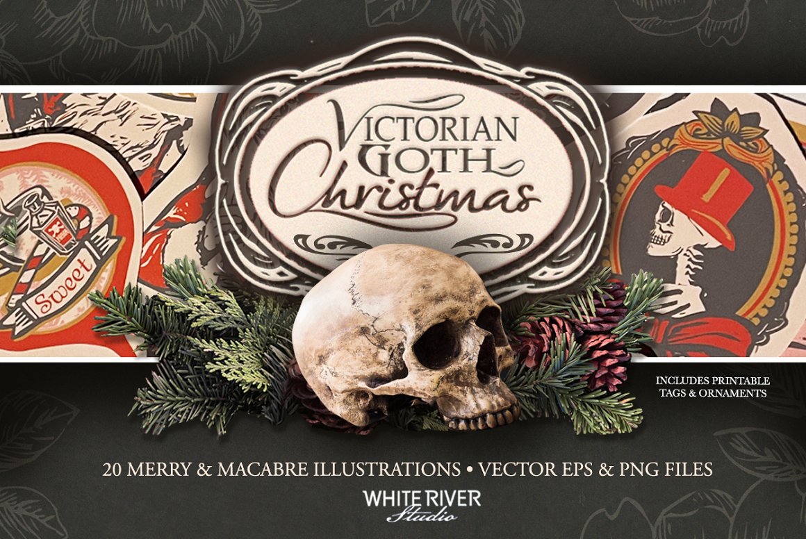 Title page and skulls with gothic christmas.