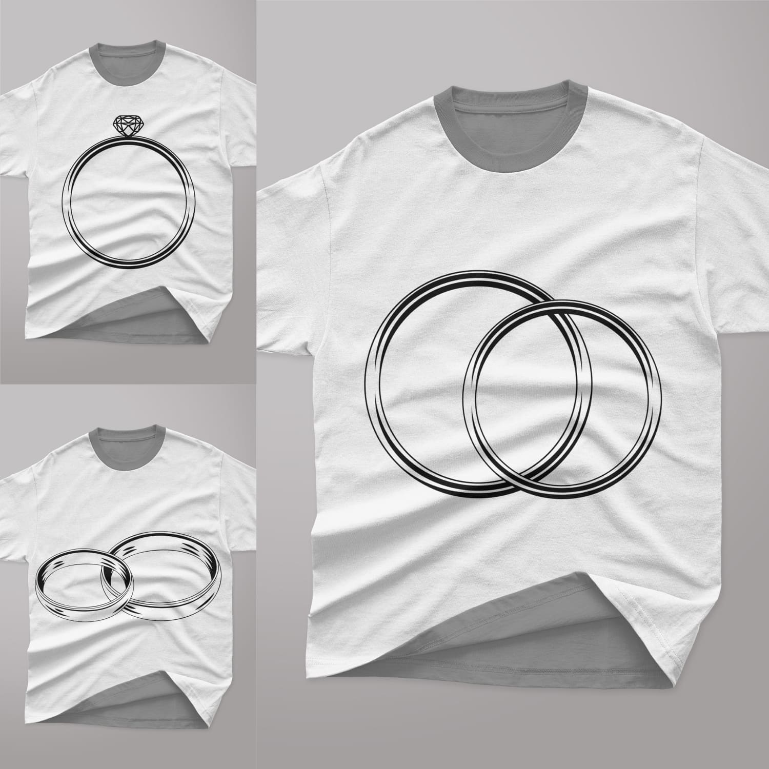 Three options of wedding rings that are drawn on T-shirts.