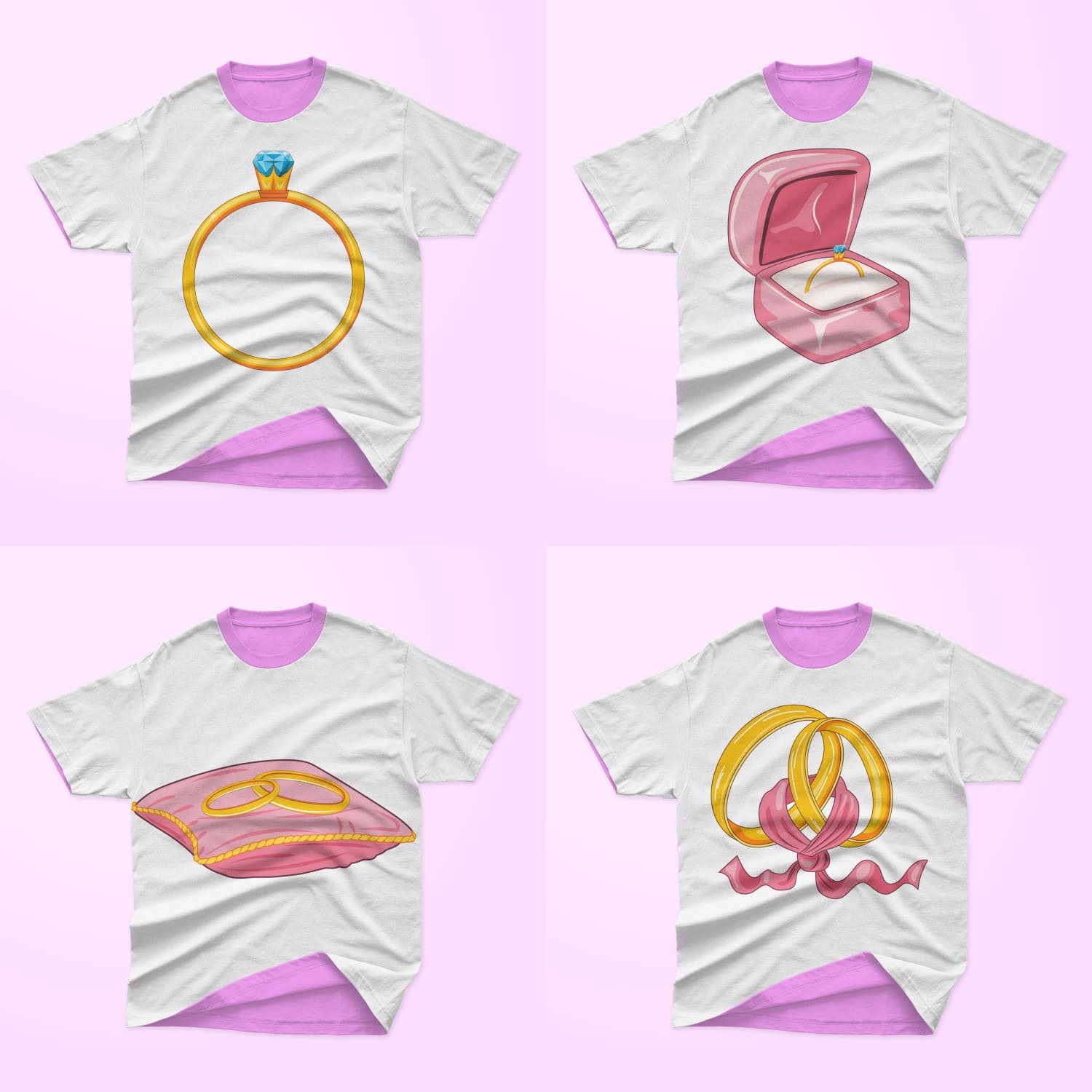 Four light gray t-shirts with a pink collar and images of gold wedding rings.
