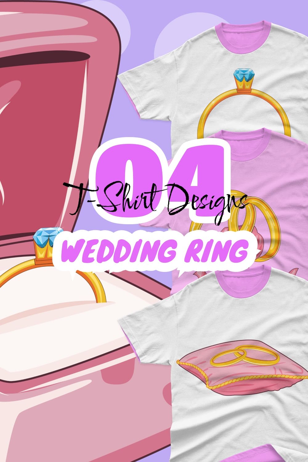 Gold wedding rings with precious stones are depicted on T-shirts.