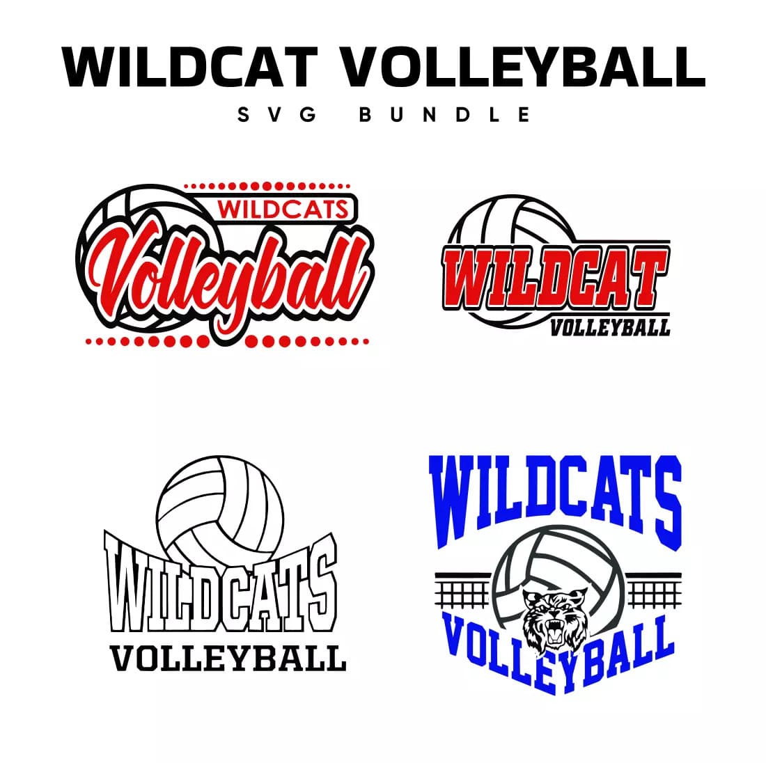 The wildcat volleyball logo is shown in four different colors.