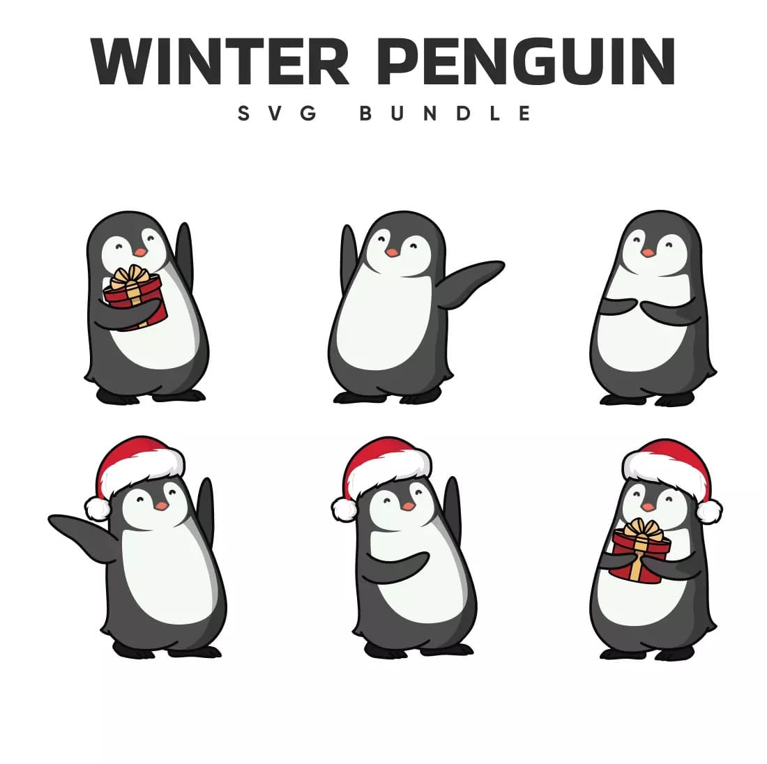 Bunch of penguins with christmas hats on.