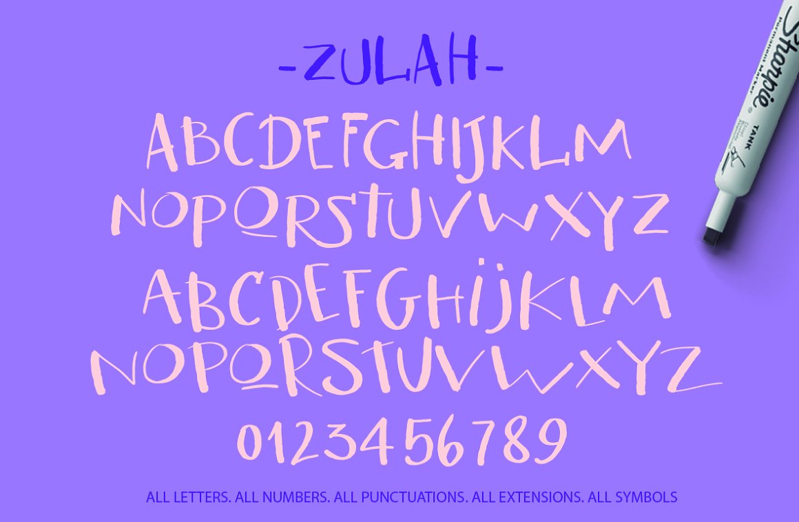 Alphabet preview in font style on purple background.