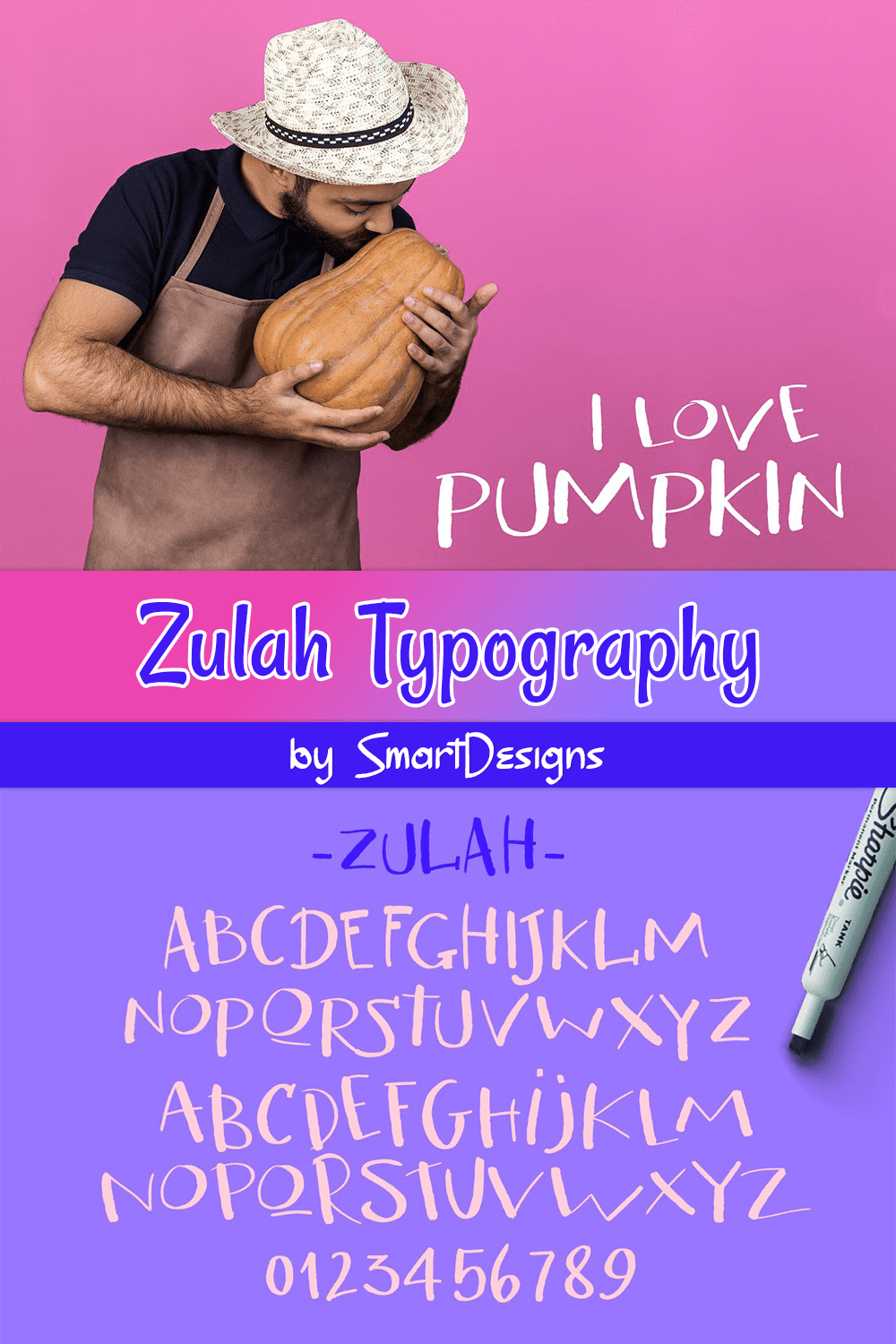 Pinterest images with inscriptions in a font from a package and a man with a pumpkin.