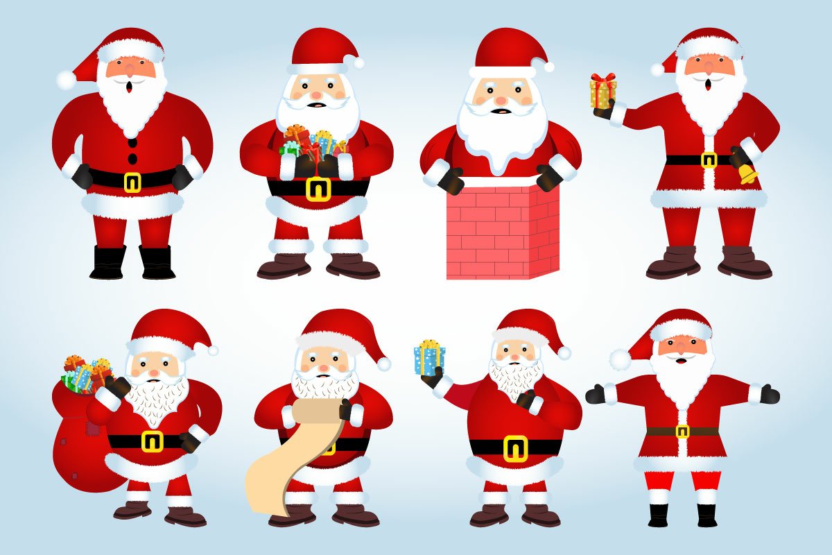 Many different images of Santa Claus.