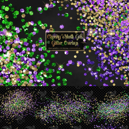 Images with chunky mardi gras glitter overlays.