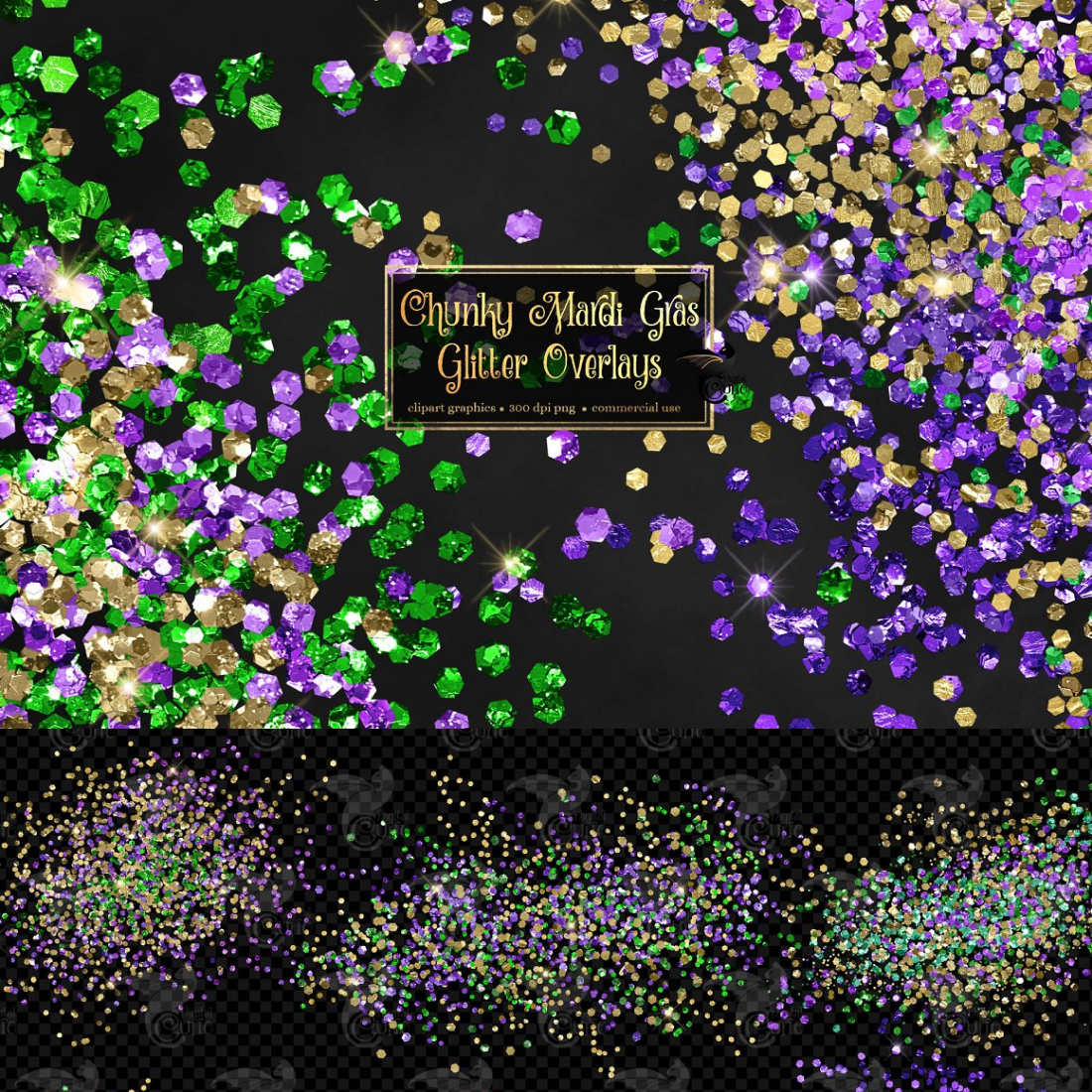 Images with chunky mardi gras glitter overlays.