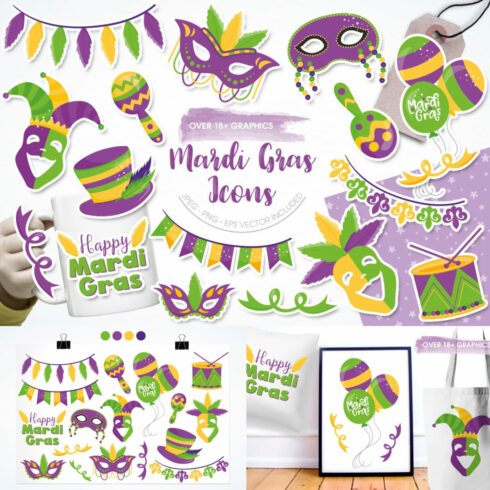 Over 18+ graphics of Mardi Gras Icons.