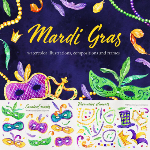 Illustrations mardi gras watercolor illustrations.