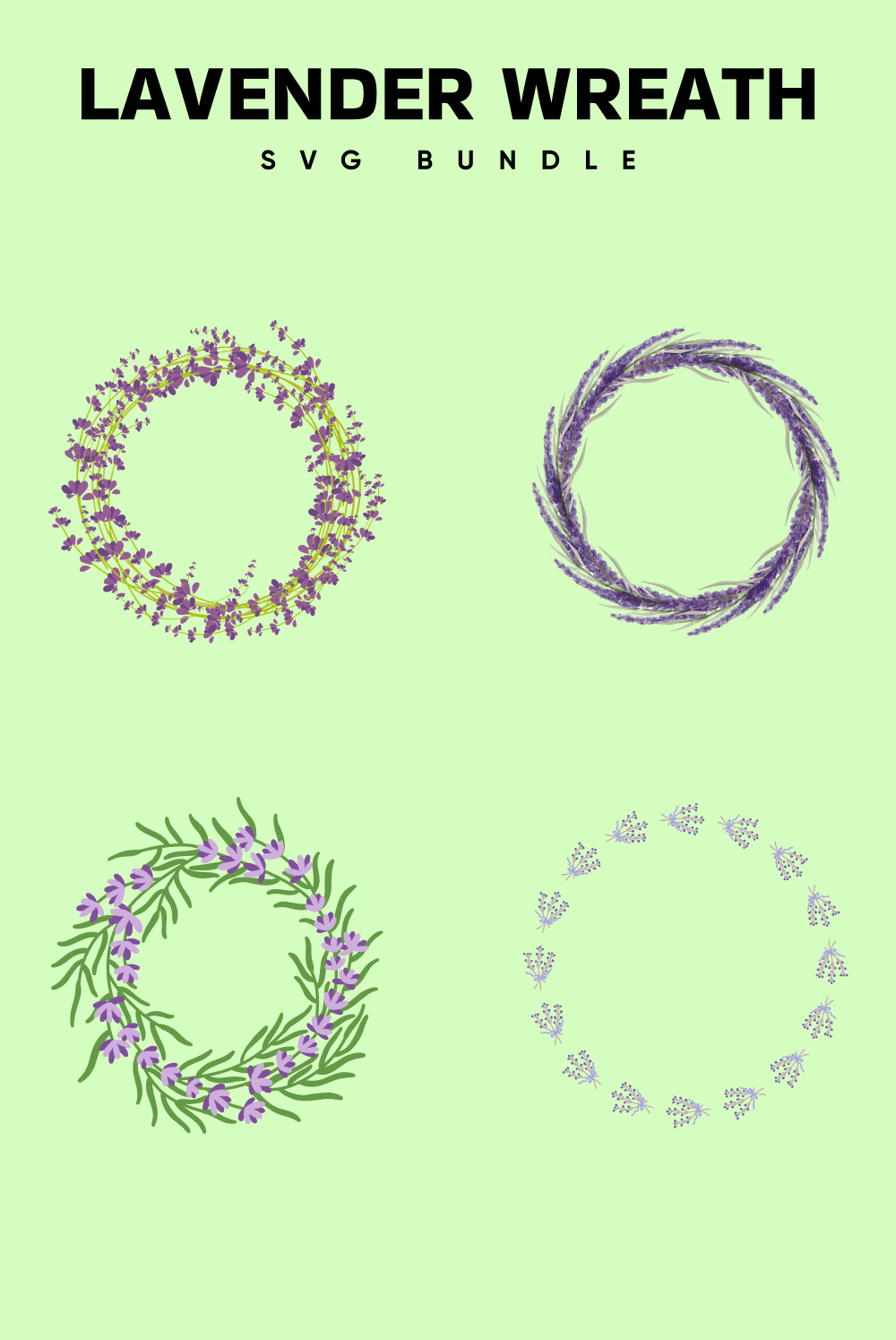 Wreaths of lavender flowers only, as well as flowers and leaves.