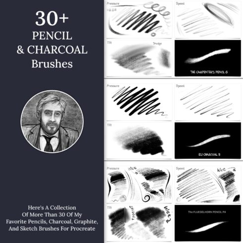 30 pencil charcoal brushes, 1500 by 1500 pixels.