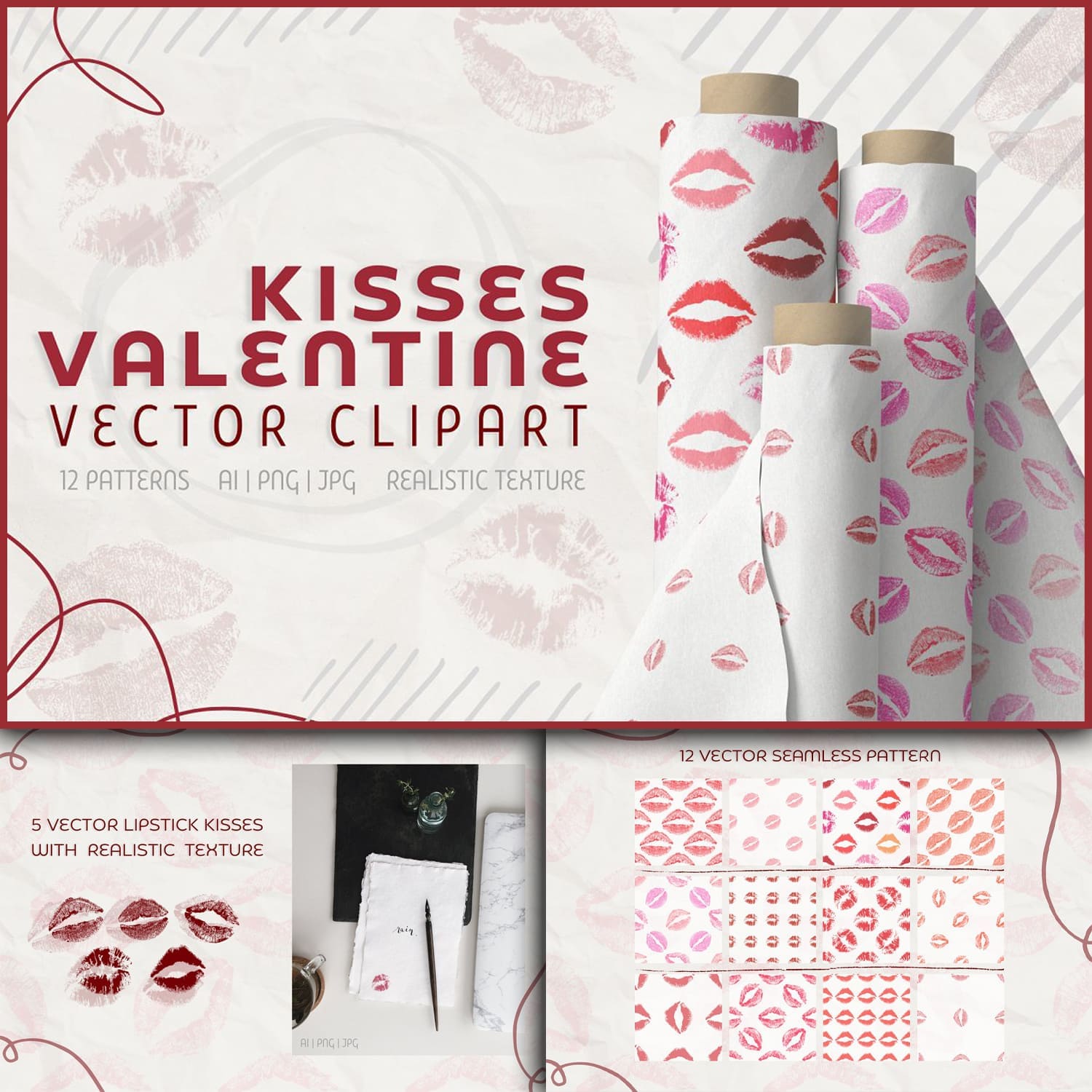 Kisses valentine vector clipart, first picture 1500x1500.