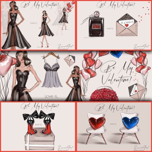 Be my Valentine fashion girl clipart, first picture 1500x1500.