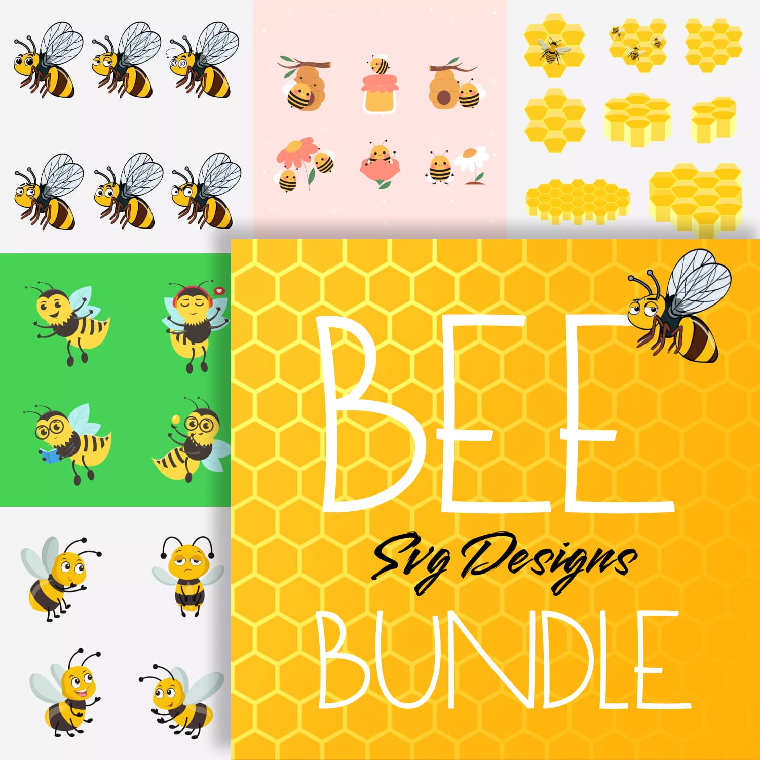 Bee SVG designs bundle, first picture 1500x1500.