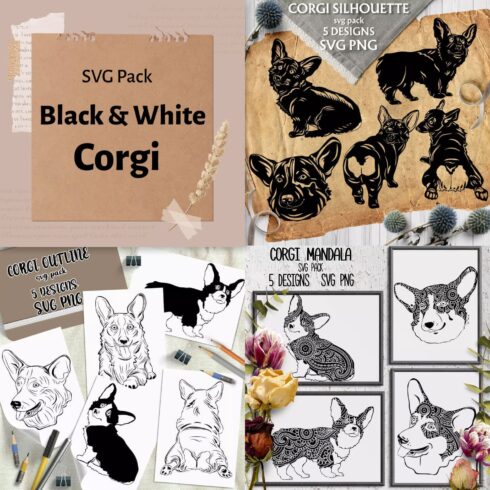 Collage of black and white drawings of dogs.