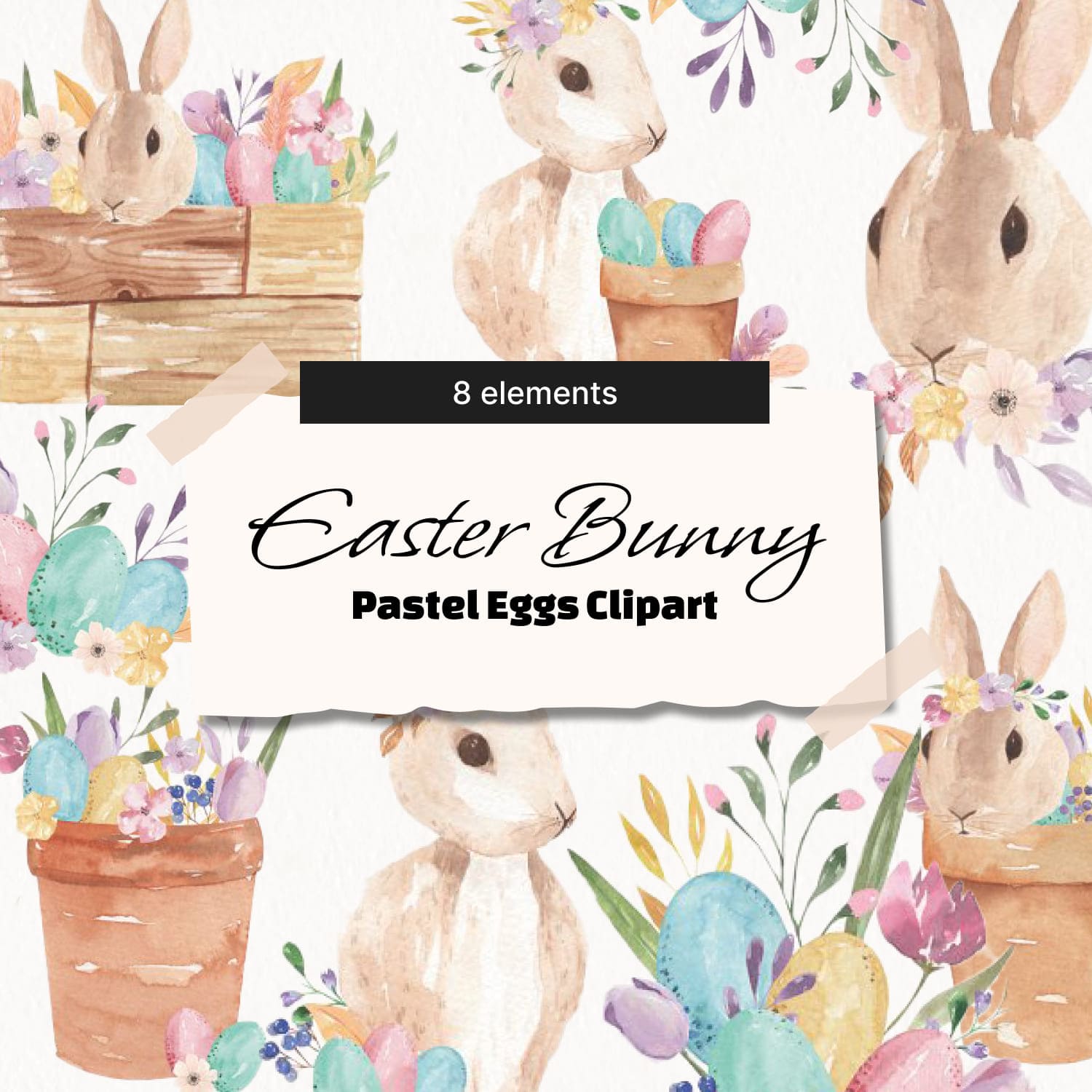 Easter bunny pastel eggs clipart kit, first picture 1500x1500.